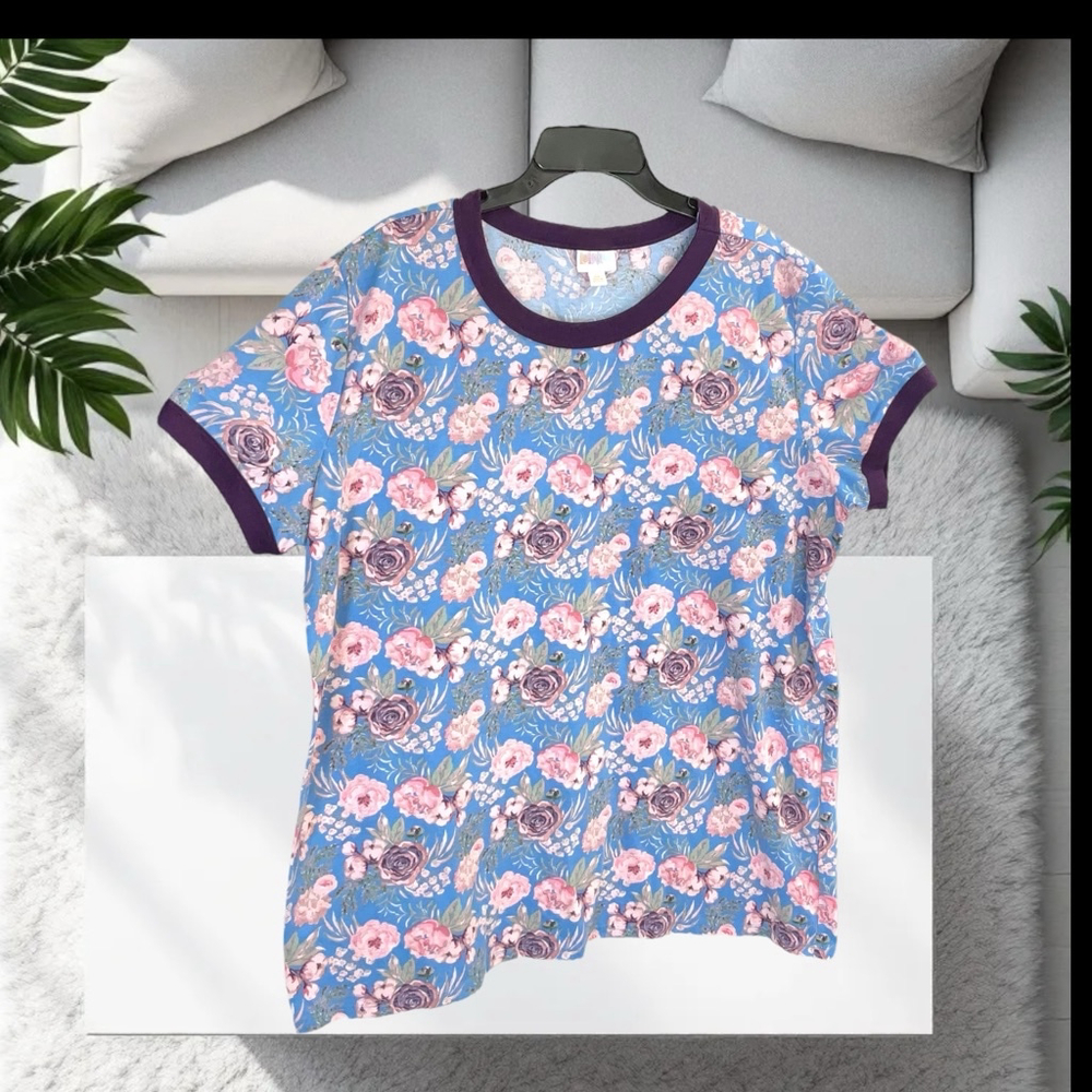 LulaRoe Blue w Multicolor Floral Print & Plum Ribbing Shirt Women Size 3XL